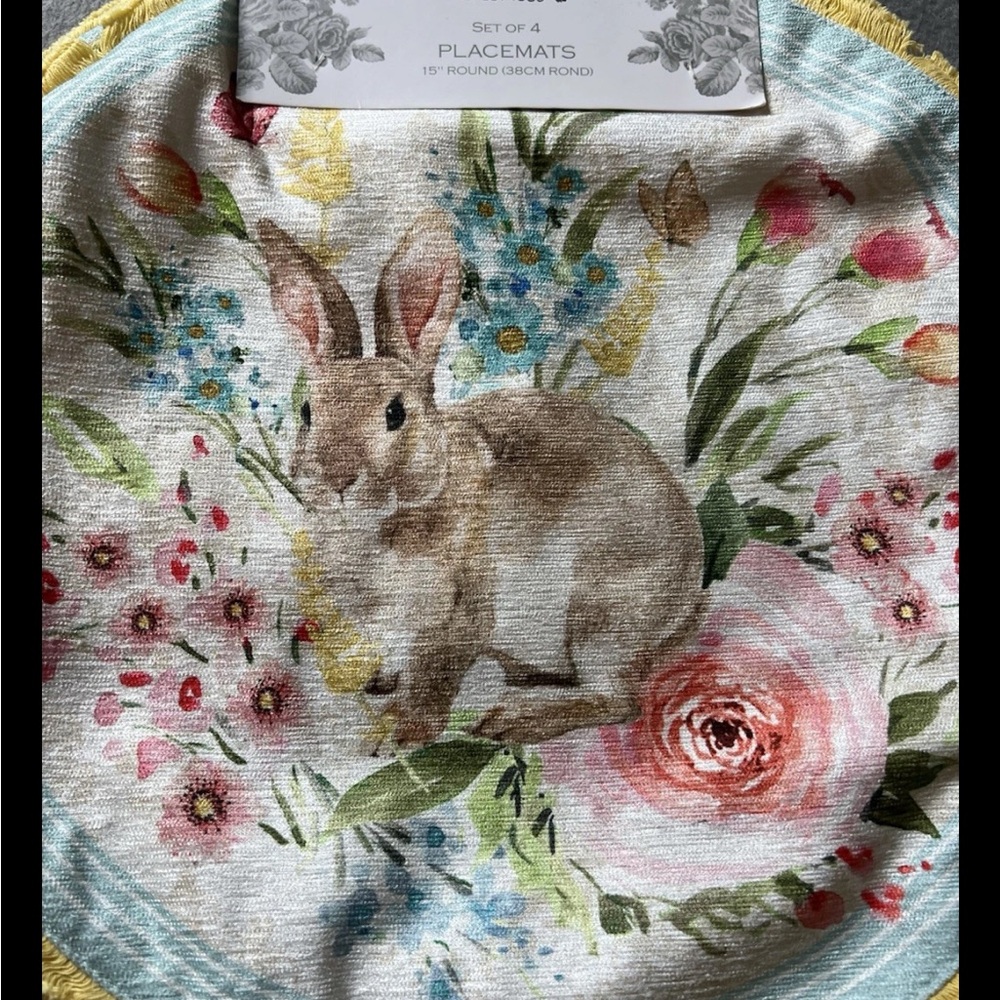 NEW Shabby Chic Set of 4 Placemat 15" Round Rabbit Bunny Floral Yellow Blue Pink - Picture 3 of 5